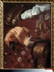 Studie zkřížených rukou, látky, květiny, zvon, epee Malba Hyacinthe Rigaud (1659-1743) 18. století Rouen, Musee des Beaux Arts