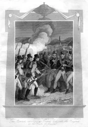 Britové útočící na francouzskou linii bajonety v bitvě u Maidy, 1816.