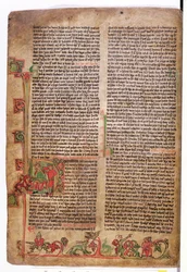 Historizovaná iniciála D na začátku Ságy o Olafu Tryggvasonovi, z Flateyjarbok (Knihy o Flateyovi), konec 14. století.