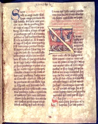 Historická iniciála ze začátku kapitoly o mořeplavbě a obchodu, kopie původní sbírky zákonů Jonsbok ze 14. století