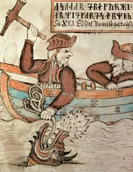 Thor loví hada z Midgardu z lodi obra Hymira