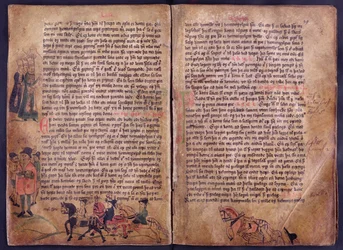 Dvě ilustrované stránky z kopie původní sbírky zákonů Jonsbok ze 13. století