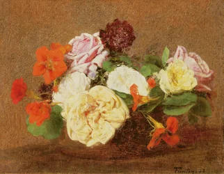 Růže a nasturtium ve váze, 1883