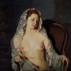 (ŽENA SEDÍ NAHÁ S PRŮHLEDNOU přikrývkou) - 20. STOLETÍ