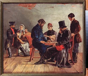 Drafts Players (dva soustředění hráči, hudebník a pár, v krčmě) - The Draft Players - Malba Ignati Stepanoviče Ščedrovského (1815-1870), olej na plátně - Ruské umění 19. století - Státní muzeum umění, Nižnij Novgorod ( Rusko)