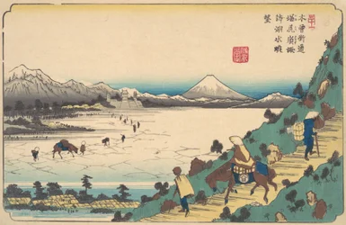Jezero Suwa z průsmyku Shiojiri, ca. 1835.