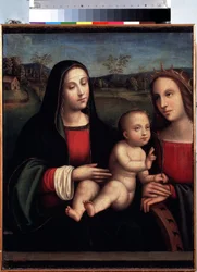 "Madona s dítětem se svatou Kateřinou Alexandrijskou"" Malba Francesca Raiboliniho dit il Francia (1450-1518) Petrohradské muzeum Ermitáž
