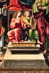 Hudebníci Andělé, detail Panny Marie s dítětem a sv. Prokula, evangelista sv. Jana, sv. Augustina, sv. Šebestiána (obraz