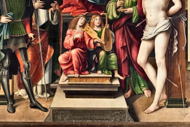 Hudebníci Andělé, detail Panny Marie s dítětem a sv. Prokula, evangelista sv. Jana, sv. Augustina, sv. Šebestiána (obraz