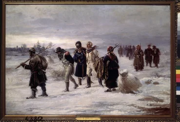 V roce 1812. (Vězni zajatí z Napoleonovy Velké armády chodí ve sněhu, vyčerpaní, doprovázeni ruskými rolníky). Obraz Illarion Michajlovič Pryanishnikov (1840-1894), olej na plátně