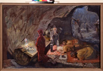 Narození Páně. Klanění Ježíšku. Obraz Jurije Iljiče Repina (Youri Repin) (1877-1954), olej na plátně, kolem roku 1920. Ruské umění, 20. století. I. Repin Memorial Museum Penates, Petrohrad.