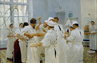 Chirurg Ivan Pavlov (1849-1936) na operačním sále (The Surgeon Pavlov in an Operating Room). Chirurg, obklopený svým lékařským týmem, asistenty a sestrami, operuje nemocného pacienta. Obraz Ilji Jefimoviče Repina (Ilia Repin) (1
