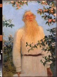 Portrét spisovatele Lva Nikolajeviče (Leo nebo Leon Tolstoy) (Tolstoy) (1828-1910). Obraz Ilja Repin (Ilia Repin) (1844-1930), olej na plátně