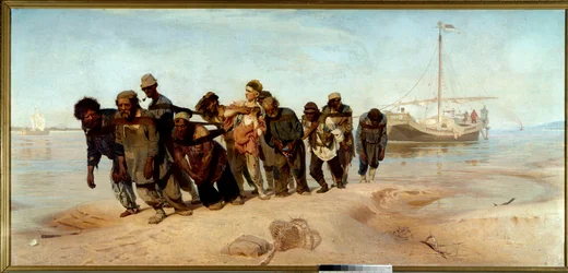Lodníci z Volhy Skupina mužů (tahačů) vytahuje loď z vody v Rusku - Obraz Ilija (Ilja) Repine (1844-1930), olej na plátně