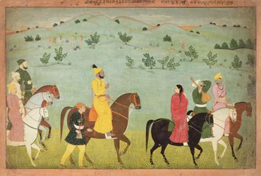Jasrotský princ, možná Balwant Singh, na jezdecké výpravě, Nainsukh (fl. 1740-50) Kašmír, kolem 1751