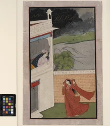 Dáma přichází do domu svého milence v bouři, kolem roku 1830 (neprůhledné w/c a zlato na papíře)