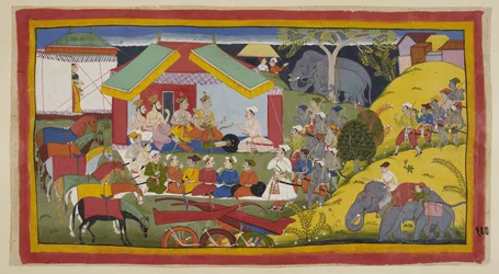 Přidejte 15296 (1) f.100r, Bharata a jeho následovníci dosáhli hlavního města království Nishada. Ve svém táboře na břehu Ganga sedí Bharata, jeho bratr a ministři v durbaru před jejich stanem. Nishadaking Guha přichází s