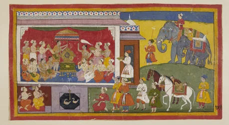 Add 15296 (1) f.129r, V trůnním sále v NandigRama, Bharata umístí na trůn Rámovy sandály a se shromážděnými kněžími a ministry je dosadí jako vládce Ayodhya. Od nynějška se s nimi zachází jako se samotným Rámou. Dva princové v jejich