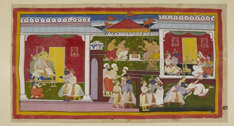 Přidejte 15296 (1) f.34r, Ráma přijímá své vyhoštění s dokonalou vyrovnaností a on a Laksmana se rozcházejí s Kaikeyi a Dasaratha, kteří se skloněnou hlavou a odvráceným pohledem se nemohou přimět podívat na svého syna. On a Laksmana opouštějí Kaikeyiho pa