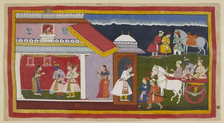 Add 15296 (1) f.41r, Poté, co konečně přesvědčili svou matku a bratra, aby klidně přijali jeho osud, se Ráma a Laksmana vrátí do jeho vlastního paláce ve voze a Rámova hlava skloněná ve své obvyklé pokoře. Potká je Sita, která ho poprvé zahlédla z u