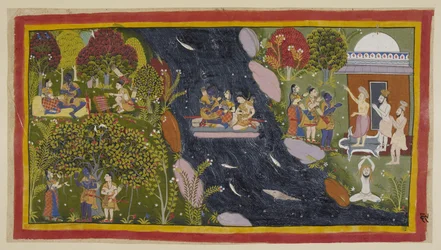 Přidejte 15296 (1) f.69r, Bharadvaja, vpravo ve své poustevně, radí cestovatelům cestu do Citrakuty. Uprostřed přeplují Jamunu na improvizovaném voru, přičemž Sita se znovu modlí k bohyni řeky za bezpečný návrat.
