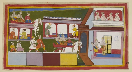 Add 15296 (1) f.85r, Princové ve svém voze projíždějí hlavní ulicí v Ayodhya, divíce se, jak se město změnilo od doby, kdy ho opustili, a pak vstoupili do paláce s tázavými gesty. V horní místnosti se schází bráhman a tři ministři
