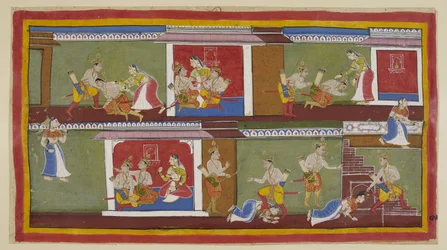 Add 15296 (1) f.89r, Nahoře vpravo zdraví Bharata a Shatrughna Kaikeyi, která si je vezme na klín, a povídají si o nedávných událostech. Bharata upadne do mdlob, když se dozví o smrti svého otce a o tom, co jeho matka udělala, aby ho zajistila
