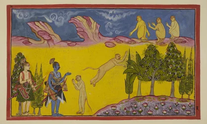 Add 15296 (2) f.3r, Sugriva je nejprve vyděšený, protože si myslí, že tyto ozbrojené válečníky poslal jeho uzurpující bratr Balli, aby ho zničili. Pošle svého bystrého ministra Hanumana, aby se o těchto dvou cizincích dozvěděl více. Hanuman se představí