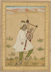 Africký hráč na lyru, asi 1640-1660 (tuš, neprůhledný akvarel a zlato na papíře)