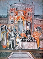 Indický princ baví britské úředníky, kolem roku 1810 (kvaš na papíře)