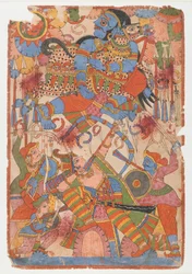 Arjunas hrdinský čin v bitvě, ze série Mahabharata, kolem 1830-50 (inkoust a barva na papíře)