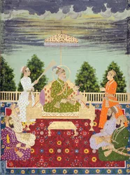 Bahadur Shah se svými čtyřmi syny a vnukem, kolem roku 1710 (akvarel a zlato na papíře)