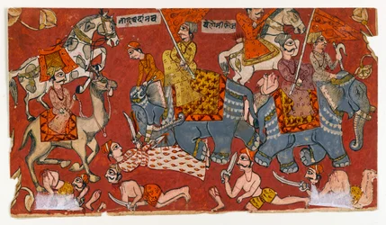 Bitevní scéna ze série Bhagavata Purana, cca 1625-50 (akvarel a zlato na papíře) (verze 499329)