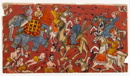 Bitevní scéna ze série Bhagavata Purana, cca 1625-50 (akvarel a zlato na papíře) (recto of 499330)