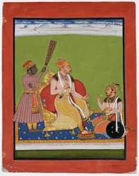 Bhao Singh na trůnu se šlechticem u nohou, kolem 1680 (neprůhledné wc a zlato na papíře)