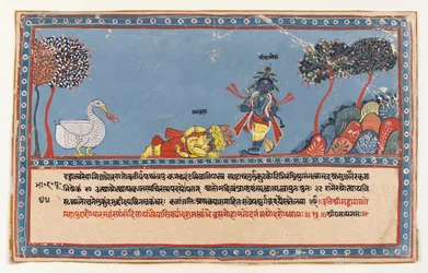 Brahma uctívá Krišnu, stránka ze série rozptýlených Bhagavata Purana, cca 1800 (neprůhledné wc na papíře)