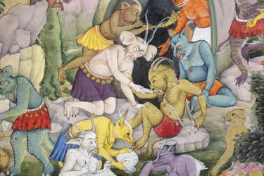 Detail z Demons in a Wild Landscape, cca 1600 (neprůhledné wc a zlato na papíře)