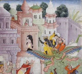 Detail z Krishna Cleaves the Demon Narakasura s jeho Discus, kolem 1585-90 (neprůhledné wc a zlato na papíře)