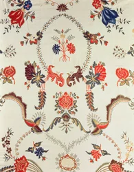 Detail vyšívané látky, vyrobené pro evropský trh, cca 1725-50 (hedvábí na glazované bavlně)