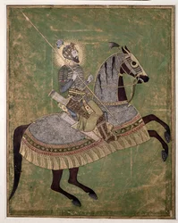 Jezdecký portrét Aurangzeba, c. 1680 (akvarel, kvaš a zlato)