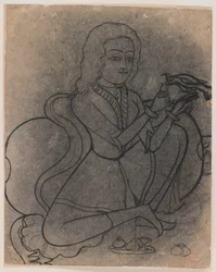 Evropská dívka krmící papouška, cca 1780 (inkoust na papíře, vrhnutý pro přenos)
