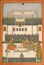Večerní párty v zahradě Mughalského paláce, Lucknow nebo Murshidabad, Západní Bengálsko, 1760