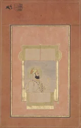 Farrukh Siyyar sedí u okna a drží zlatý sarpech, kolem roku 1715 (neprůhledné wc a zlato na papíře)