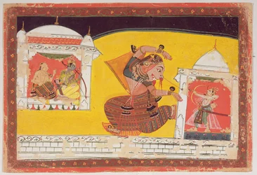 Folio 27 Laksmama řeže nos Surpanakha z Rámájany, napsané na rubu v Devanagari, Malwa, škola Rajput, konec 17. století