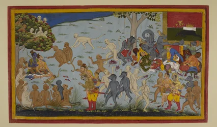 Hanumān a Vibhíṣaṇa přinášejí zraněného Lakṣmaṇu k Rámovi, který ho uzdravuje.