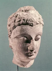 Hlava Buddhy, Gandhara, 2.-4. století (štuk)
