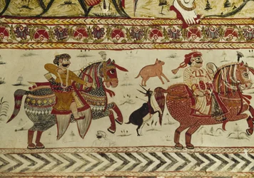 Lovecká scéna, chrám Laxminarayan, Orchha, Madhya Pradesh, Indie (freska)