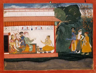 Ilustrace k Bhágavata Puráně zobrazující Balarama, jak bere Akruru za ruku se svým mladším bratrem Krišnou, kolem roku 1700