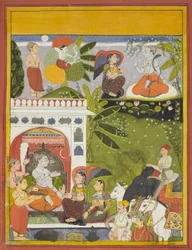 Kama střílí šíp lásky na Shivu, stránka z kopie Gita-Gauri, Song of Gauri, c.1675-80