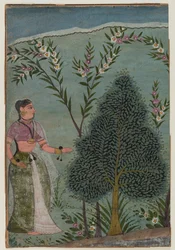 Dáma v divočině, fragment stránky ze série Bhagavata Purana, cca 1590-1600 (wc a zlato na papíře)